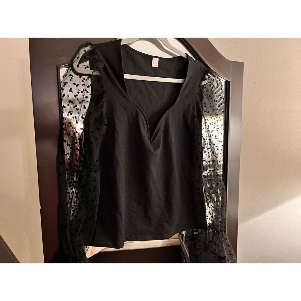 WDIRARA Polka Dots Sheer Dobby Mesh Deep V Neck Top XL